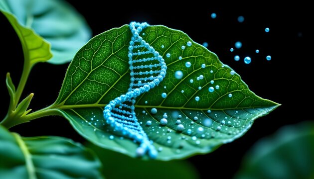 Fototapeta Vibrant Green Leaf with Dna Structure and Floating Particles