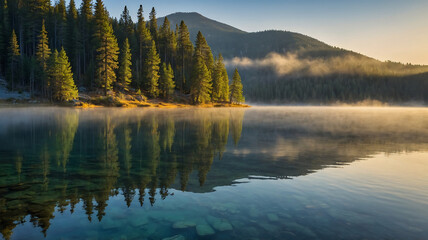 sunrise over the river flowing through the mountain forests with crystal clear water, traveling, nature view, travel agents, tourism, poetry