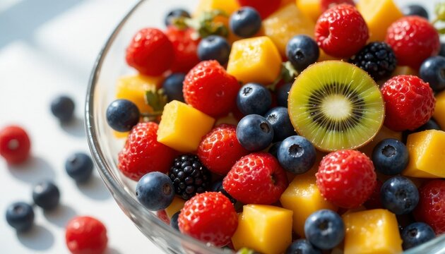 Fresh fruit salad with raspberries blueberries kiwi and mango a healthy and colorful dessert perfect for a summer snack