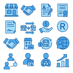Business Icon Set: A collection of essential business icons symbolizing contracts, transactions, global reach, partnerships, and financial growth, rendered in a clean, modern design.