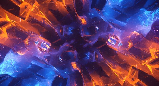 Abstract digital artwork featuring angular, crystalline structures in vibrant blue and orange hues