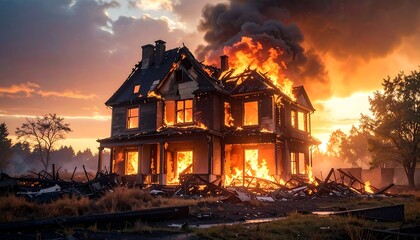 A two-story home engulfed in flames, dark smoke billowing against a sunset