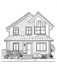 A two-story home, front view, with a porch, windows, and a gable roof design