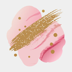 Abstract design isolated on white background featuring pink blobs, a golden brush stroke, and scattered dots, creating a modern and artistic composition with a touch of elegance and whimsy