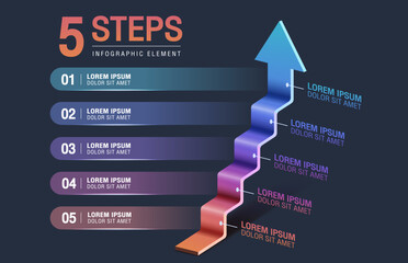 Colorful 5 Steps staircase infographic with arrows from lowest to highest. Sidebar option. Success and growth concept. Illustration for presentation.