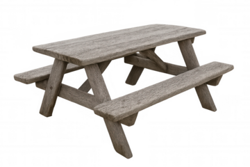 Wooden picnic table with attached benches, casual outdoor rustic dining furniture for park or garden, transparent background