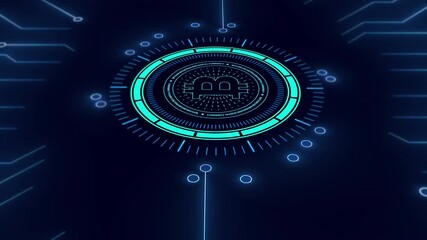 A dynamic motion graphic featuring a Bitcoin symbol on a circuit board with a circular scanner and data flow, ideal for security or tech concepts. - Powered by Adobe
