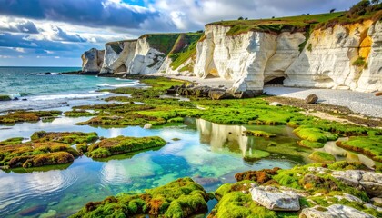 Chalk white sea cliffs at extreme low tide revealing a mosaic of turquoise tidepools and patterned algae soft overcast light with clean copy space