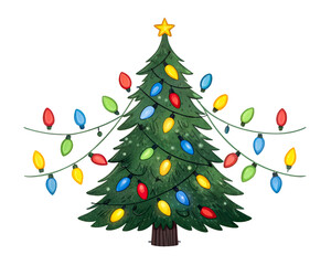 Festive Evergreen Tree Decorated with Colorful Holiday Lights