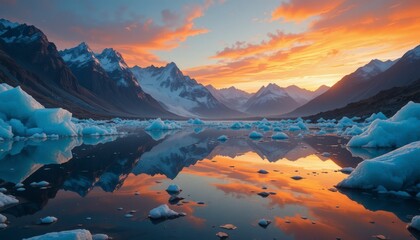 Obraz premium Scenic glacier landscape reflecting in calm water majestic mountains in the background a serene arctic vista at sunset