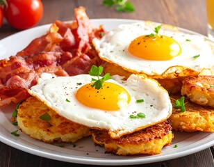 Hearty breakfast fried eggs, crispy bacon, and golden hash browns