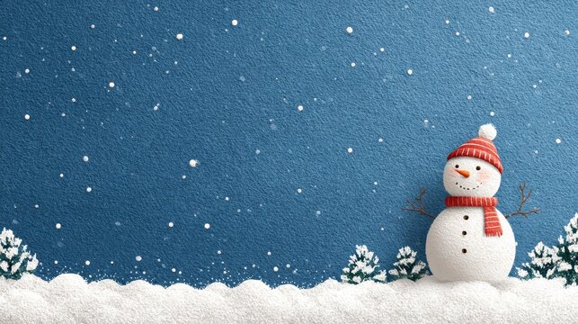 Blue winter background with white snow border and cheerful snowman in right corner, festive seasonal design for Christmas and New Year themes, cold frosty atmosphere with clean minimal composition