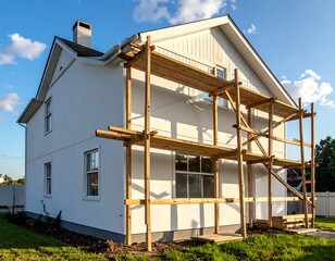 A two-story residence under construction with wooden scaffolding on its side