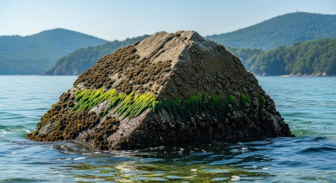Pyramid shaped rock covered in barnacles and seaweed in calm ocean water.