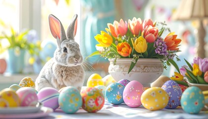 An Easter bunny surrounded by colorful eggs and flowers