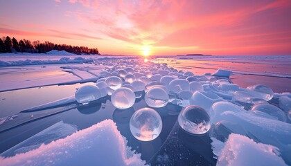 Frozen lake methane bubbles stacked beneath clear ice with crystalline fracture lines and a coral pink sunrise ultra wide perspective and roomy copy space