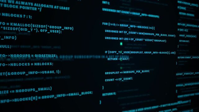 A dynamic motion graphic featuring abstract digital data and flowing code snippets on a dark blue screen, ideal for IT, programming, and cybersecurity.