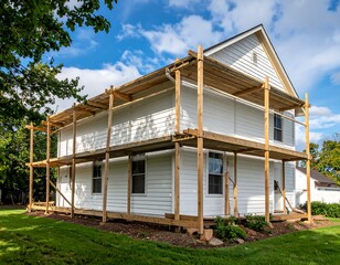 A two-story white house undergoing exterior renovation with scaffolding against a blue sky