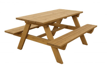 Wooden picnic table with attached benches for outdoor dining and social gatherings, isolated on a transparent background