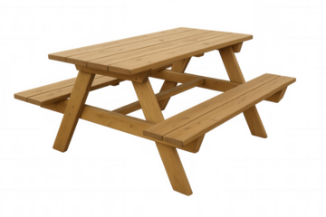 Wooden picnic table with attached benches for outdoor dining and social gatherings, isolated on a transparent background