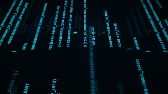 A dynamic motion graphic featuring a mixture of abstract data, text, and binary code flowing rapidly on a dark background, representing vast information.
