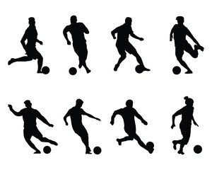 kicking goal football playing set collection pack bundle black shape icon silhouette vector flat illustration design on white background
