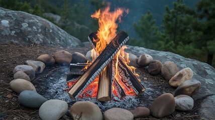 Burning campfire surrounded by stones in mountain forest outdoor nature background