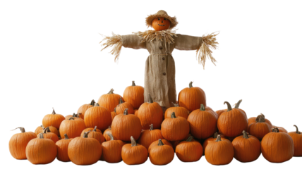 Halloween pumpkin and multiple pumpkins with carved faces glowing orange decoration for autumn celebration isolated on white background