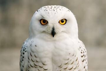 Obraz premium Close-up of snowy owl with intense yellow eyes and white feathers on soft blurred background, captured in natural light with creative focus detail. Ai generative