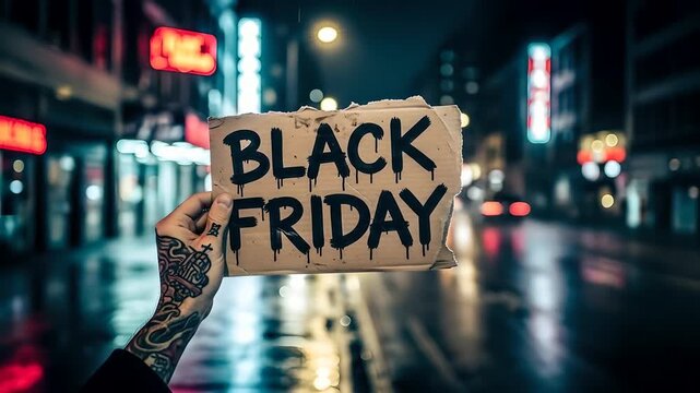 Black Friday sale on rainy city street. Hand holding sign, urban shopping discounts, retail deals, holiday promotions, special offer, advertising, bargain shopping. Tattooed hand.