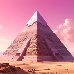 Large, ancient structure in desert under a pink sky