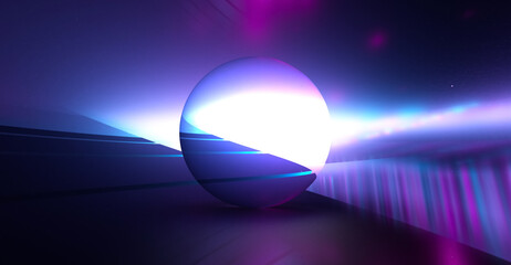 Dark abstract background. Transparent neon ball.