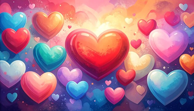 Colorful array of floating hearts against a vibrant sky background