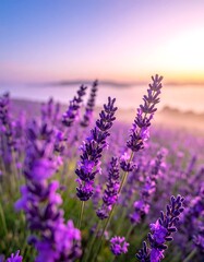 Lavender field at dawn, with a soft sunrise and misty background