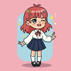 A cute anime-style girl with reddish-pink hair and fun hair clips is standing and winking while wearing a school uniform (blouse and dark skirt).