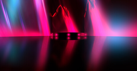 Empty stage background, neon glow, neon mountain, and empty stage