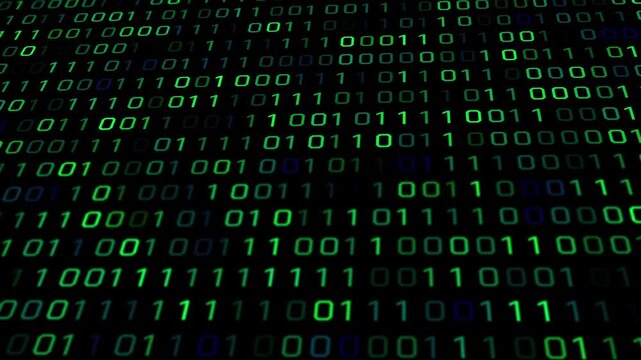 A classic motion graphic featuring a continuous stream of green digital binary code and numbers flowing across a dark background, ideal for coding and tech concepts.