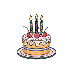 Birthday cake with cherries and three candles cute hand‑drawn cartoon illustration