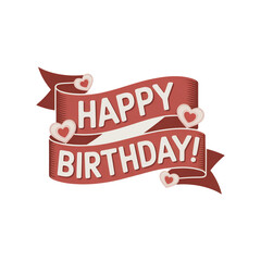 Happy birthday ribbon banner with hearts vintage red scroll illustration png file