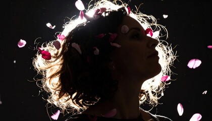 Woman silhouette on matte black with petals drifting frozen by strobe selective backlight forming a delicate floral halo dramatic studio mood with clean copy space