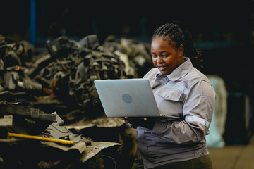 Female technician check used car damaged engine block at scrapyard warehouse recycle area part....