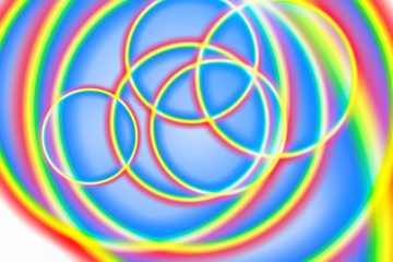 Abstract Rainbow Circles Intersecting in Vibrant Psychedelic Blue Background with Colorful Energy Swirls and Fractals on the Left
