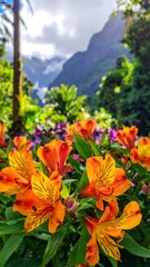 Lush, vibrant blooms in a verdant garden with mountain backdrop
