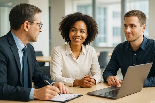 Business team having a meeting in modern office with light background, discussing strategy while smiling and taking notes during collaboration. Ai generative