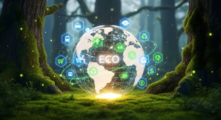 Sustainable Earth concept with digital eco icons in lush forest