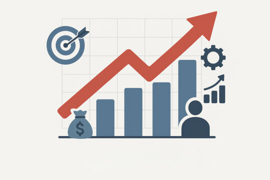 Business success chart illustrates growth and achievement with rising graph, target symbol, gears, and figure representing professional. This conveys motivation and progress in financial goals