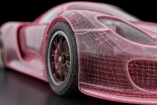 close-up of a digital wireframe of a futuristic car, technology, red hues