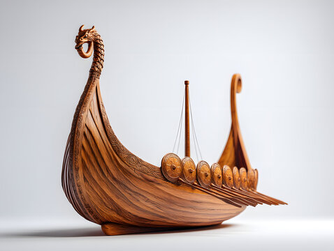 Hand-Carved Wooden Viking Ship Model with Intricate Details and Elegant Design for Historical and Artistic Projects