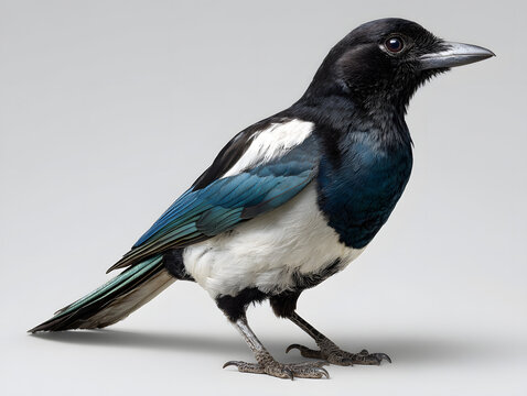 Eurasian Magpie on a Neutral Background Showcasing Feathers and Detail in a Naturalistic Setting