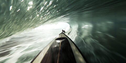 POV surfing inside barrel wave, water tunnel, sunlight reflection, surfboard tip
